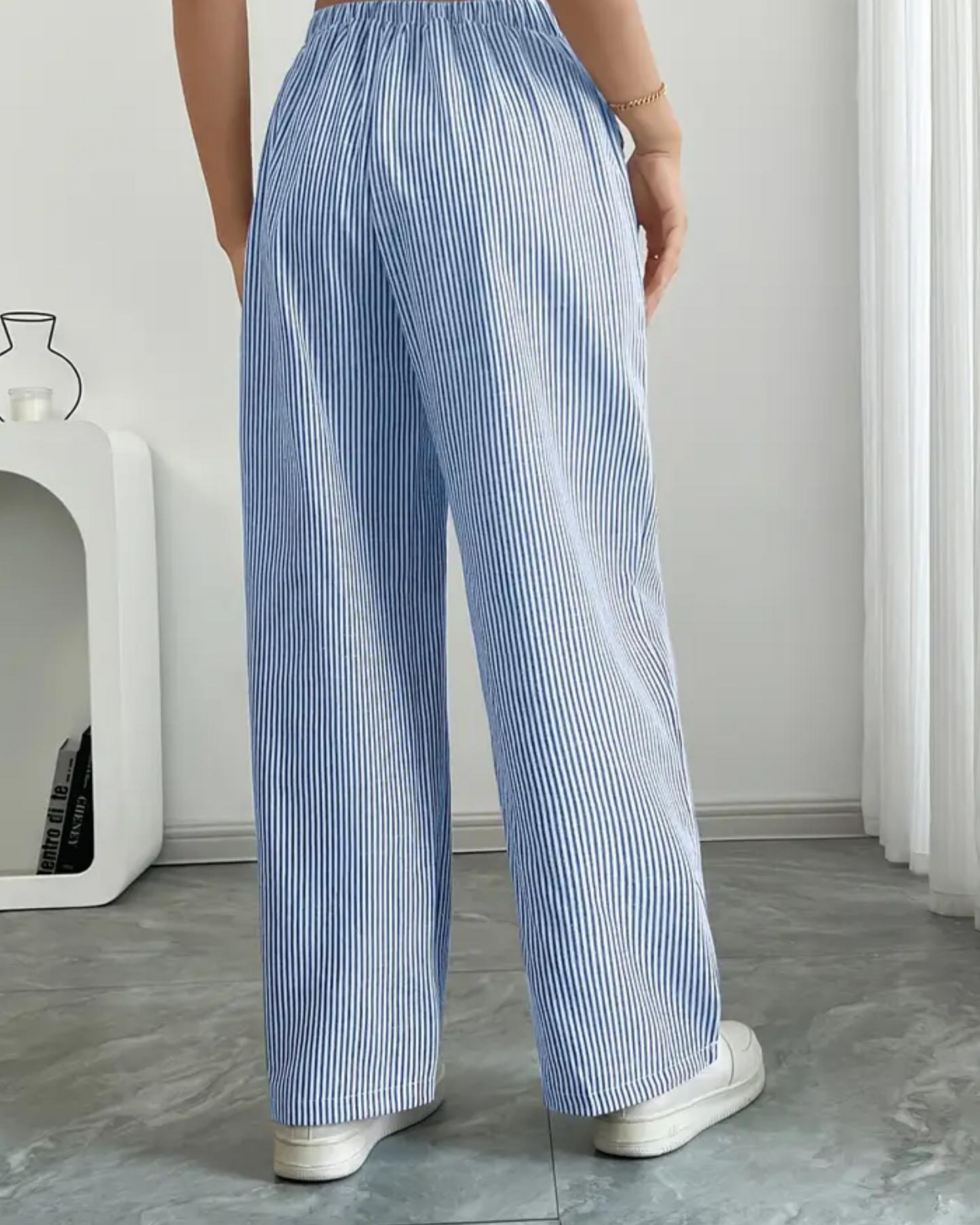 Women’s Linen Striped Pants with Drawstring Waist and Pockets