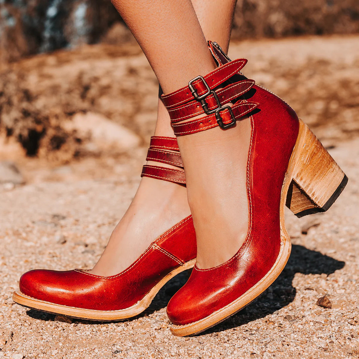 Women’s Block Heel Pumps with Triple Ankle Straps and Distressed Leather Finish