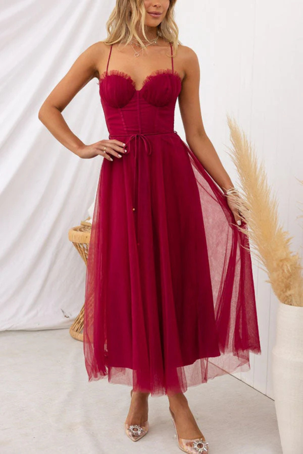Women’s Midi Dress Corset Bodice Pleated Tulle Skirt