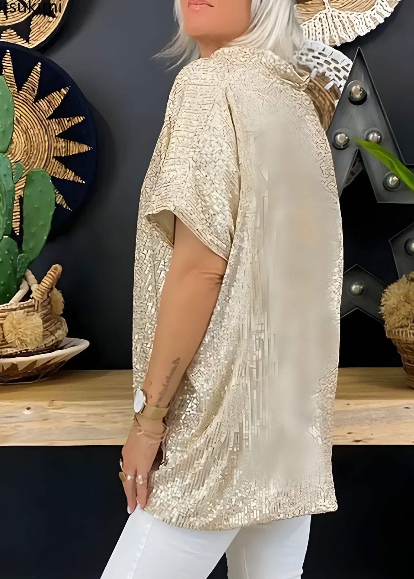 Women¡¯s Sequin V-Neck Tunic Top Loose Fit Oversized Short Sleeve Party Blouse