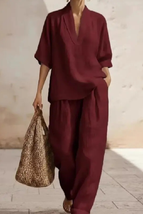 Women’s Linen Co-Ord Set with V-Neck Tunic Top and Wide Leg Trousers