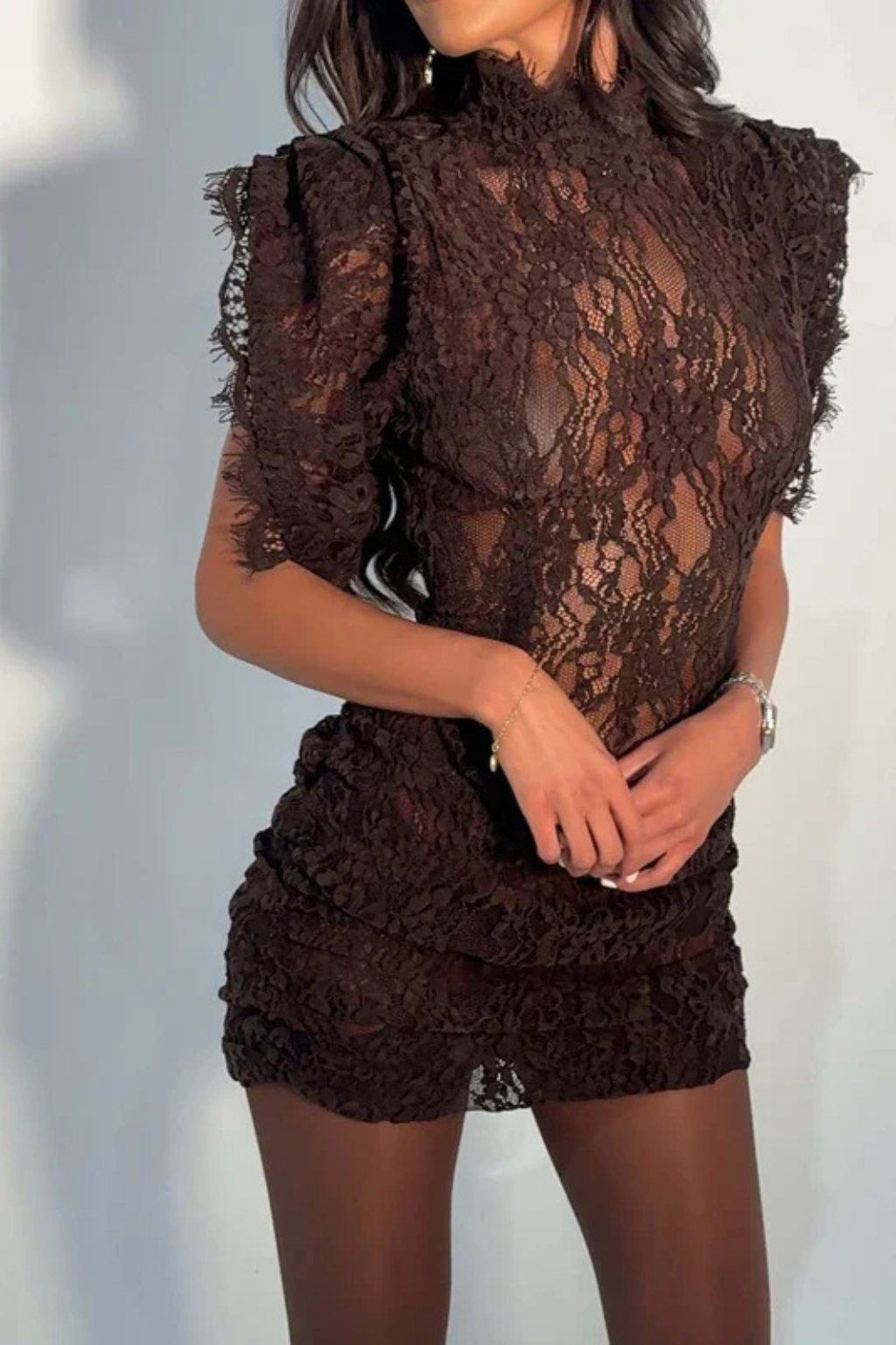 Women’s Mini Dress Sheer Floral Lace Mock Neck Cap Sleeve Gown