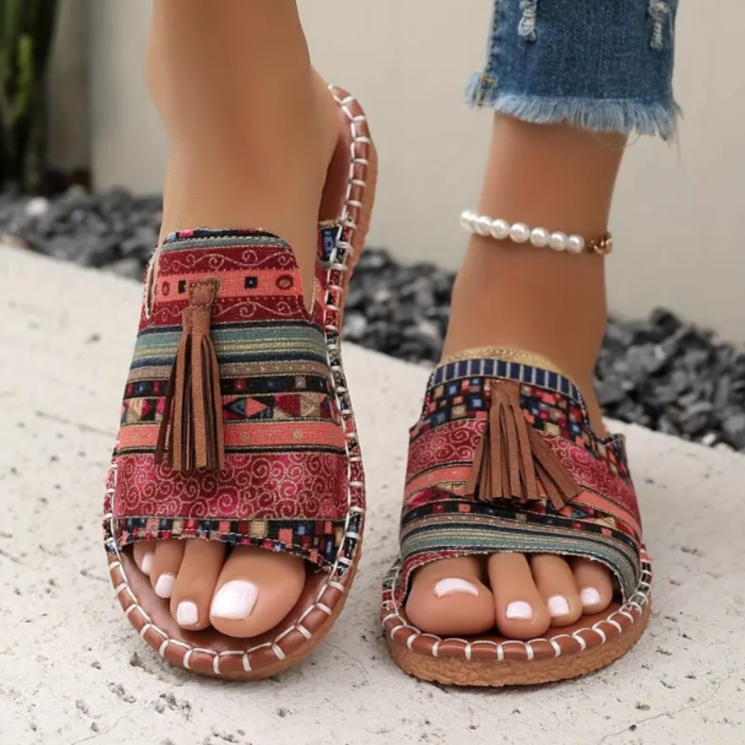 Women’s Flat Sandals with Vintage Tassel Detail and Woven Espadrille Sole