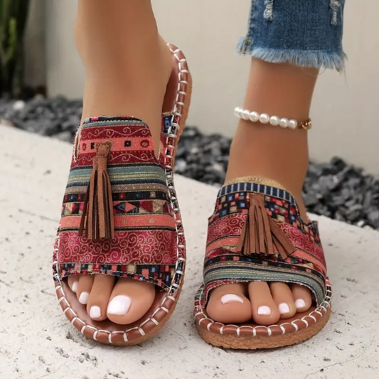 Women’s Flat Sandals with Vintage Tassel Detail and Woven Espadrille Sole