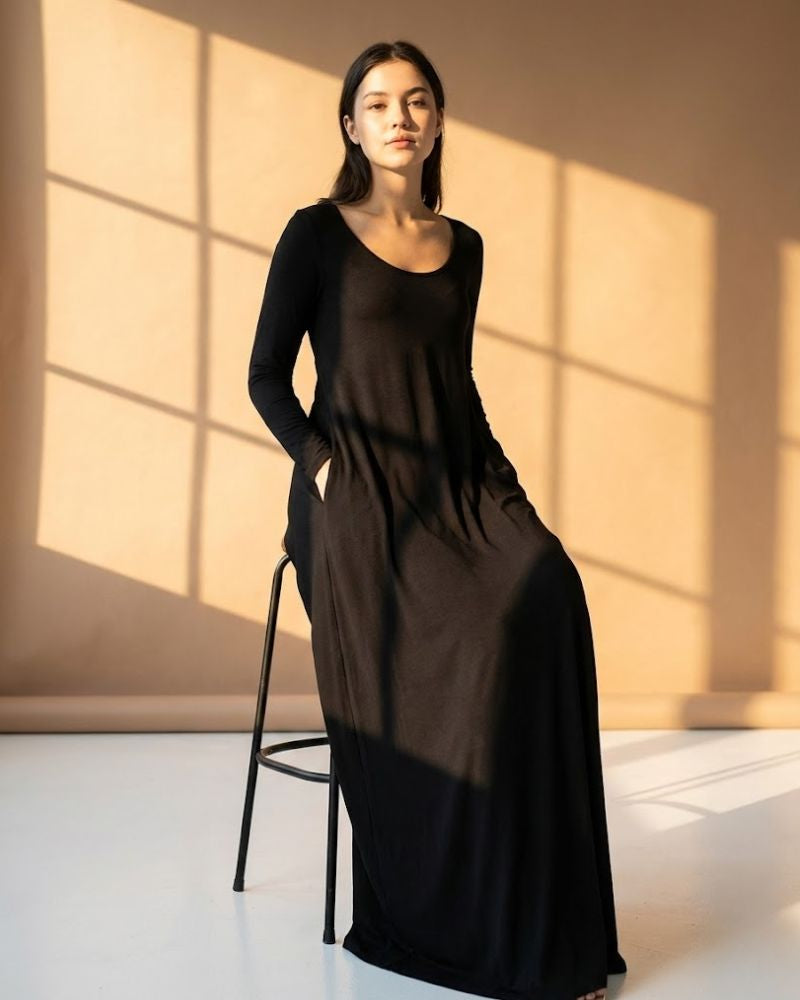 Women’s Long Sleeve Maxi Dress with Hidden Side Pockets