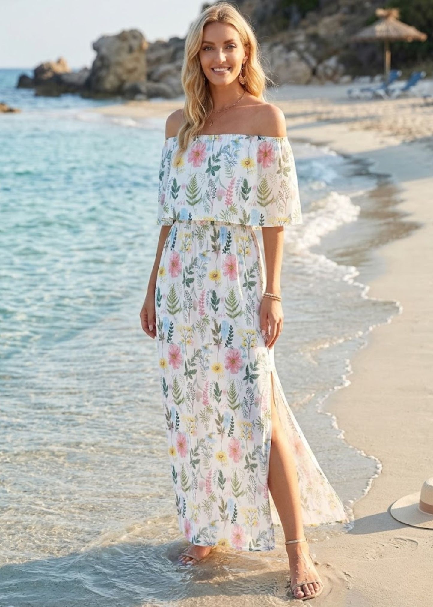 Women’s Off the Shoulder Maxi Dress with Ruffle Overlay and Side Pockets