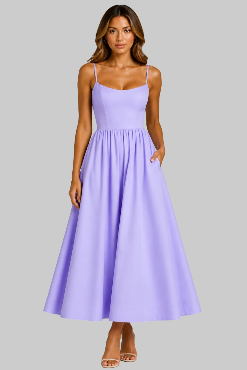 Women’s Midi Dress with Square Neckline and Flared Skirt