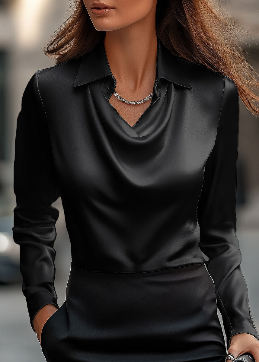 Ceylan Women’s Satin Blouse with Draped Cowl Neckline and Collar