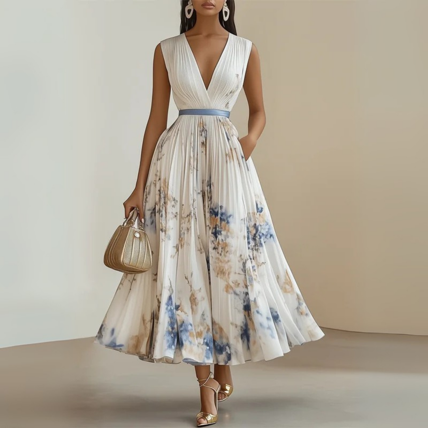 Women’s Pleated Maxi Dress V-Neck Watercolor Print Wedding Guest Gown
