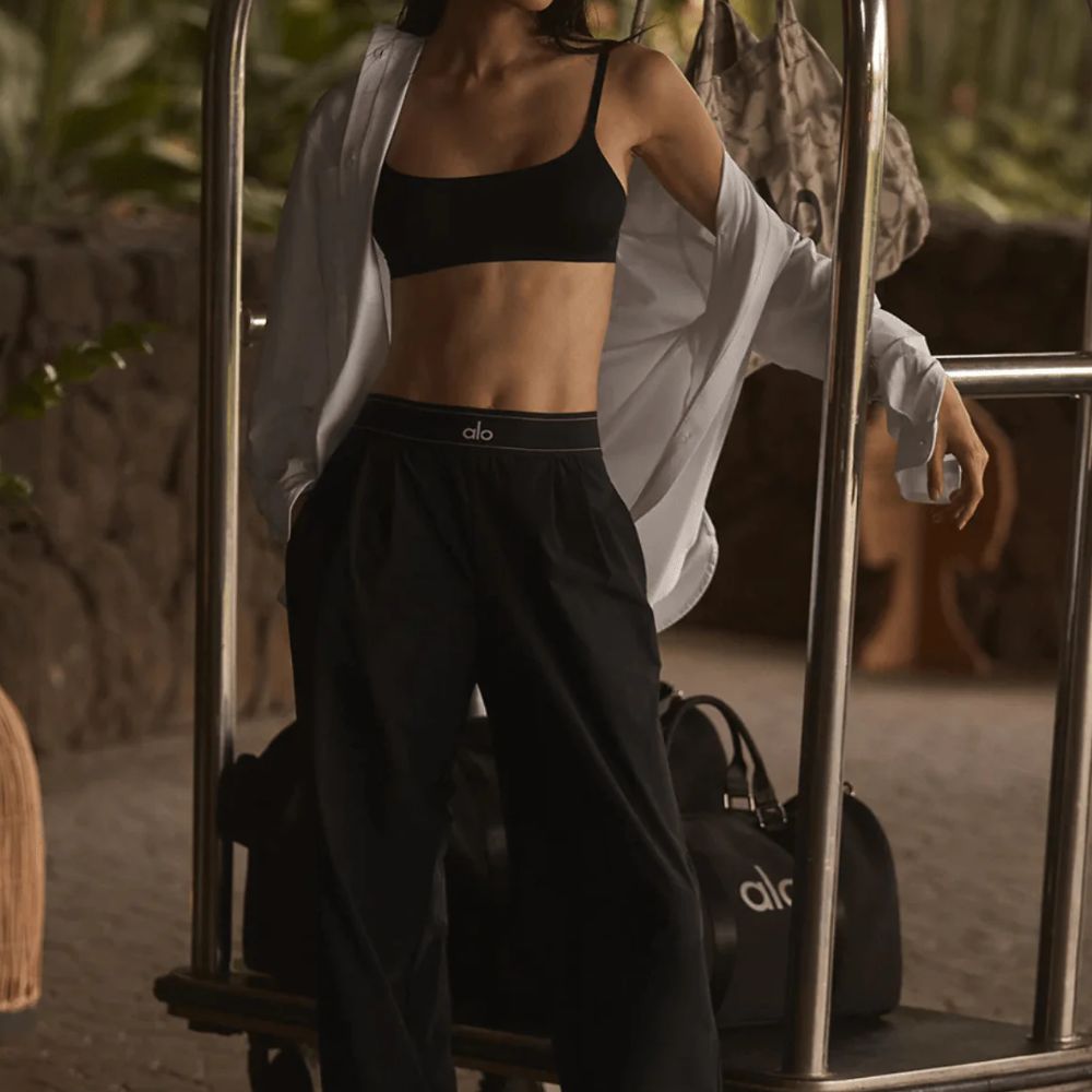 Women’s Wide Leg Trousers with Logo Elastic Waistband and Front Pleats