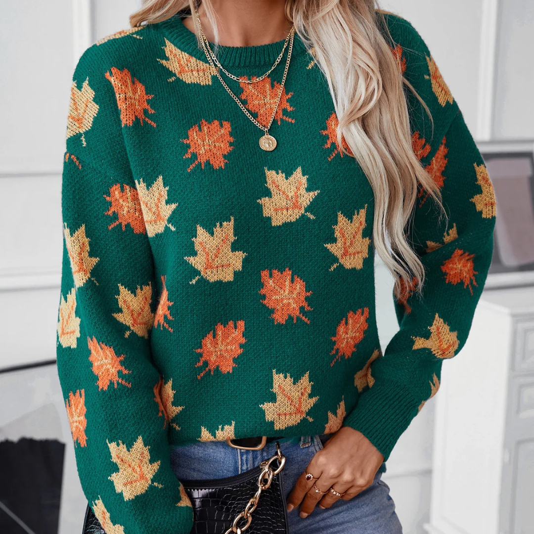 Ceylan Women's Knit Sweater Autumn Leaf Pattern