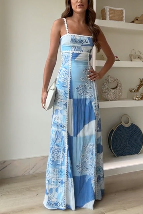 Women’s Maxi Dress Patchwork Print Lace Trim Wedding Guest Gown