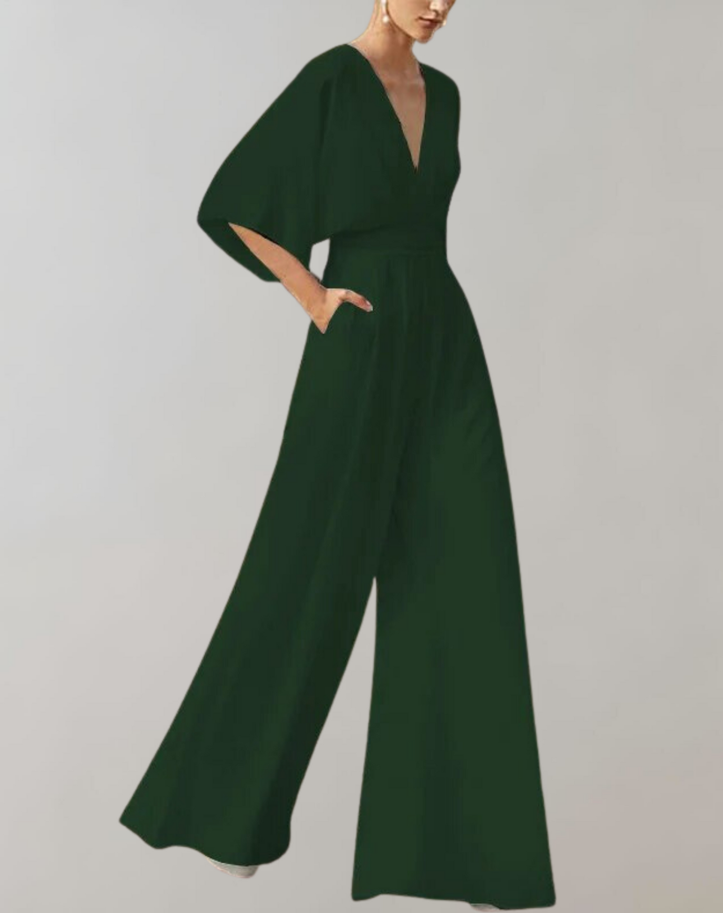 Women¡¯s Wide Leg Jumpsuit with Deep V-Neck and Flutter Kimono Sleeves
