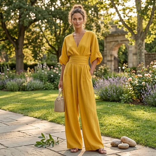 Women's Wide Leg Jumpsuit with Cinched Waist and Deep V-Neck