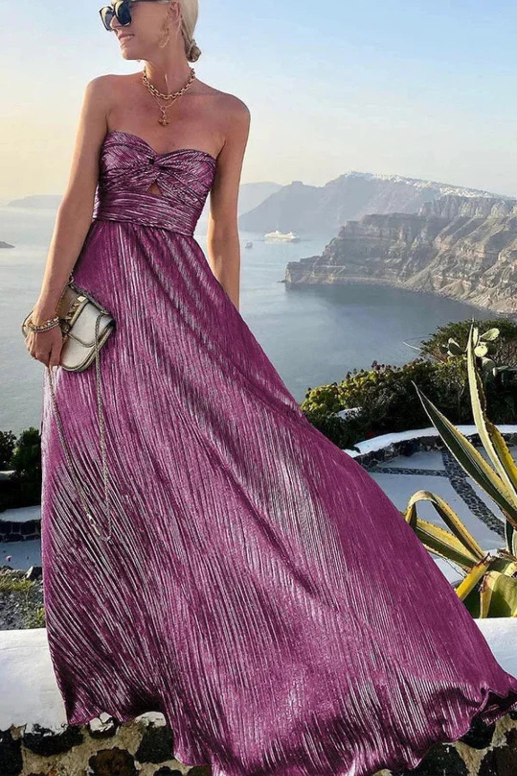 Women's Strapless Twist Front Pleated Wedding Guest Maxi Dress