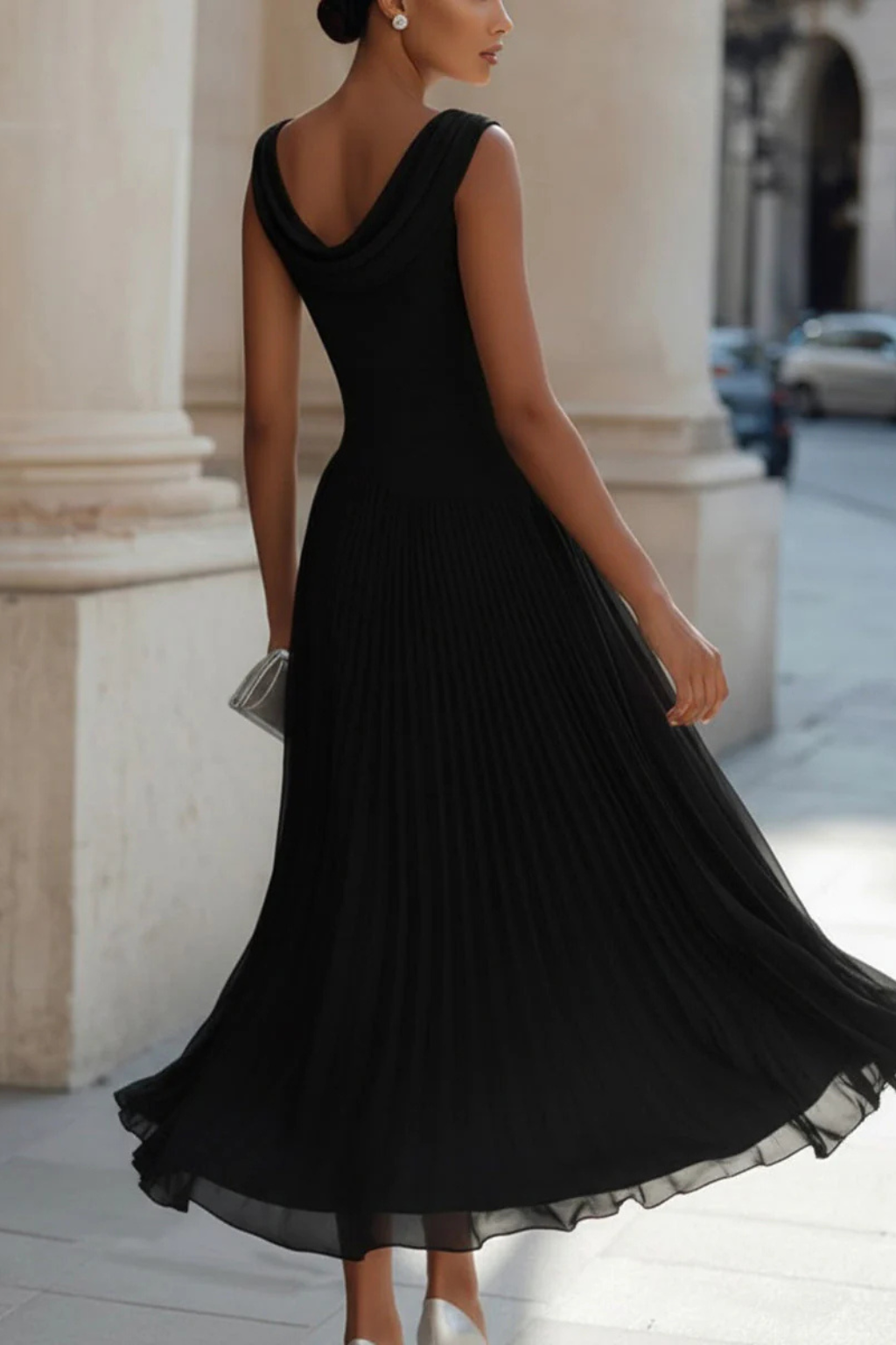 Women’s Midi Dress with Draped Cowl Neckline and Pleated Chiffon Skirt
