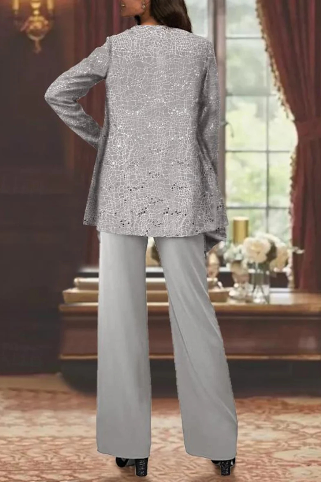 Women’s Three-Piece Pantsuit with Sequin Lace Jacket and Wide-Leg Trousers