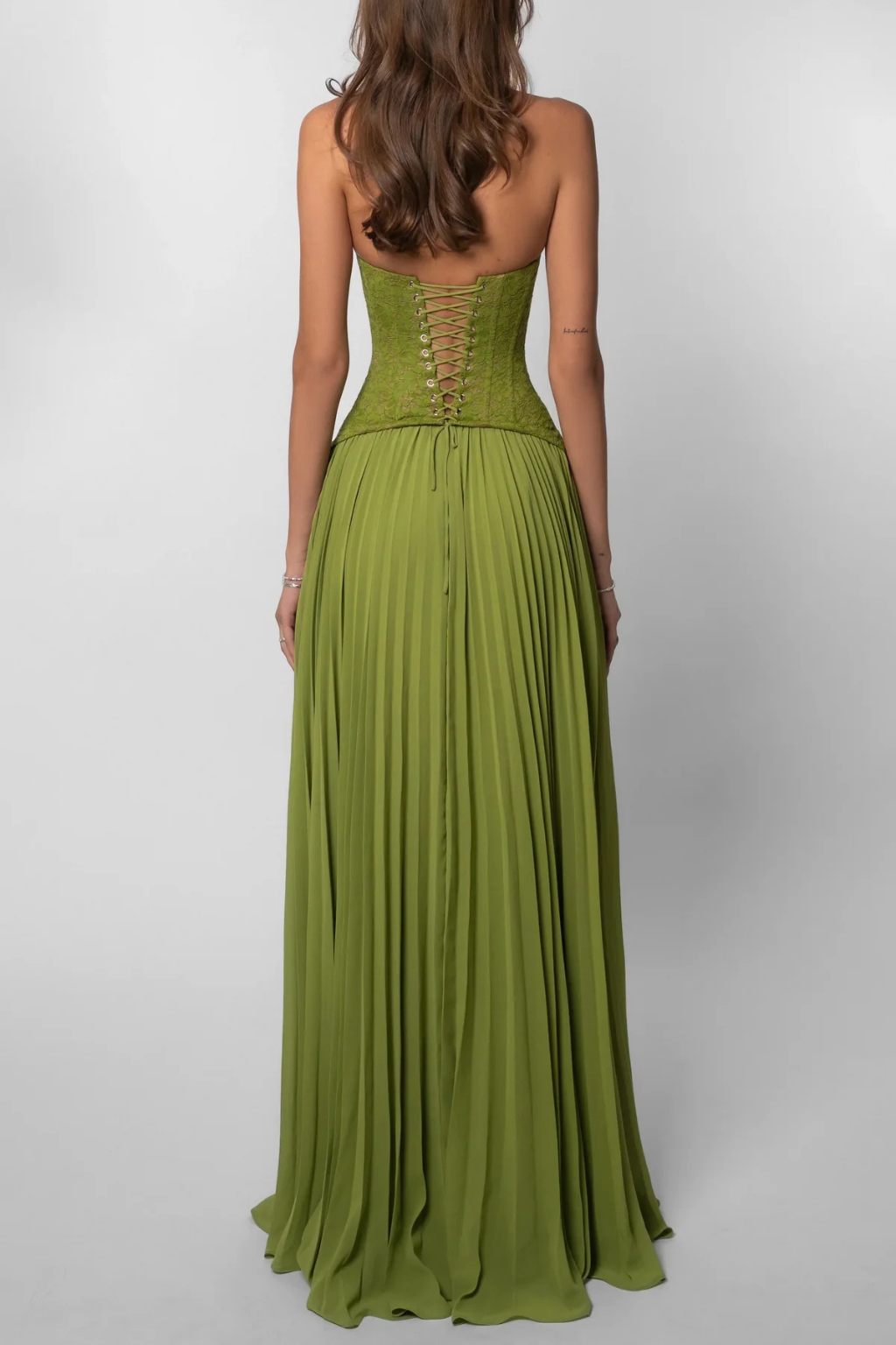 Women Halter Lace Corset Pleated Green Wedding Guest Maxi Dress