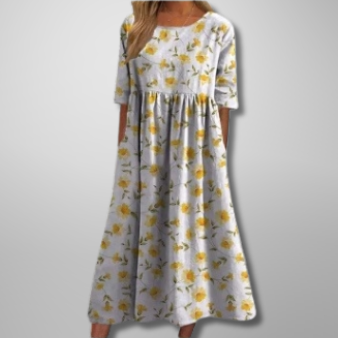Women’s Midi Dress with Raised Floral Embroidery and Empire Waist Silhouette