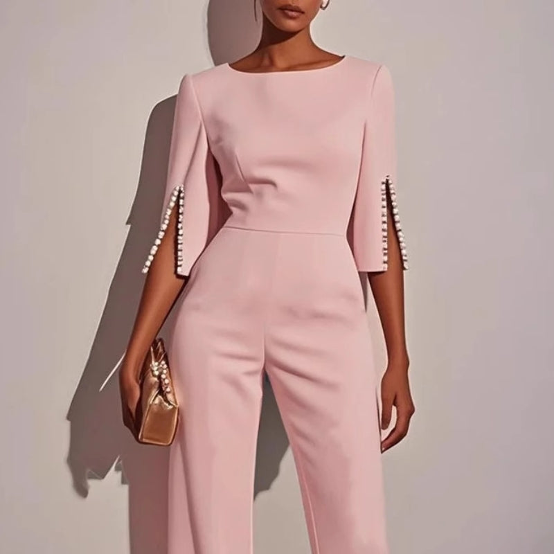 Women’s Tailored Wide Leg Jumpsuit with Pearl Embellished Split Sleeves