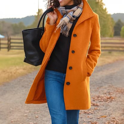 Women's Long Button-Front Winter Coat with Notch Collar