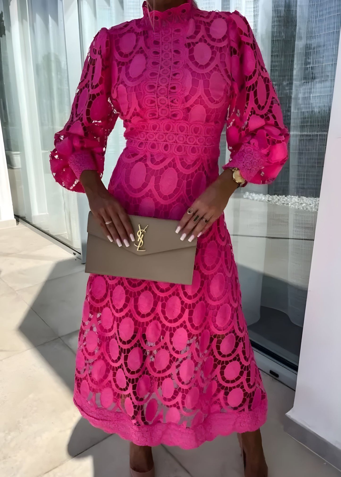 Women's Guilted Lace Maxi Dress with High Neck and Puff Long Sleeves