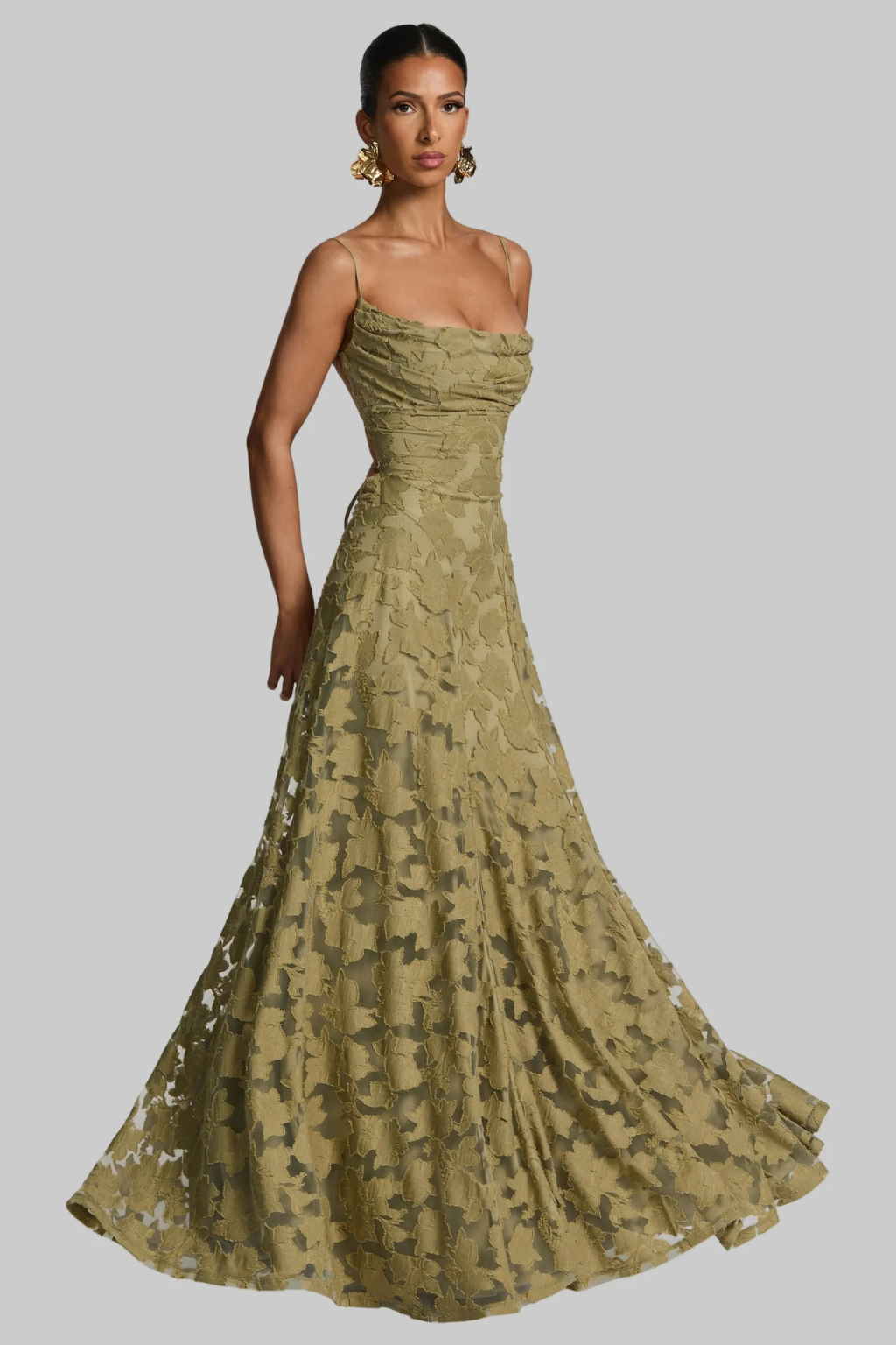 Women’s Maxi Dress with Cami Straps and Floral Brocade Texture