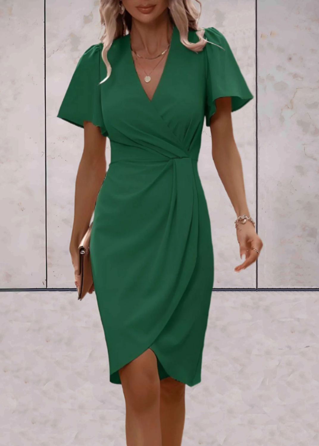 Women’s Wrap Midi Dress with Flutter Sleeves and Ruched Waist Detail