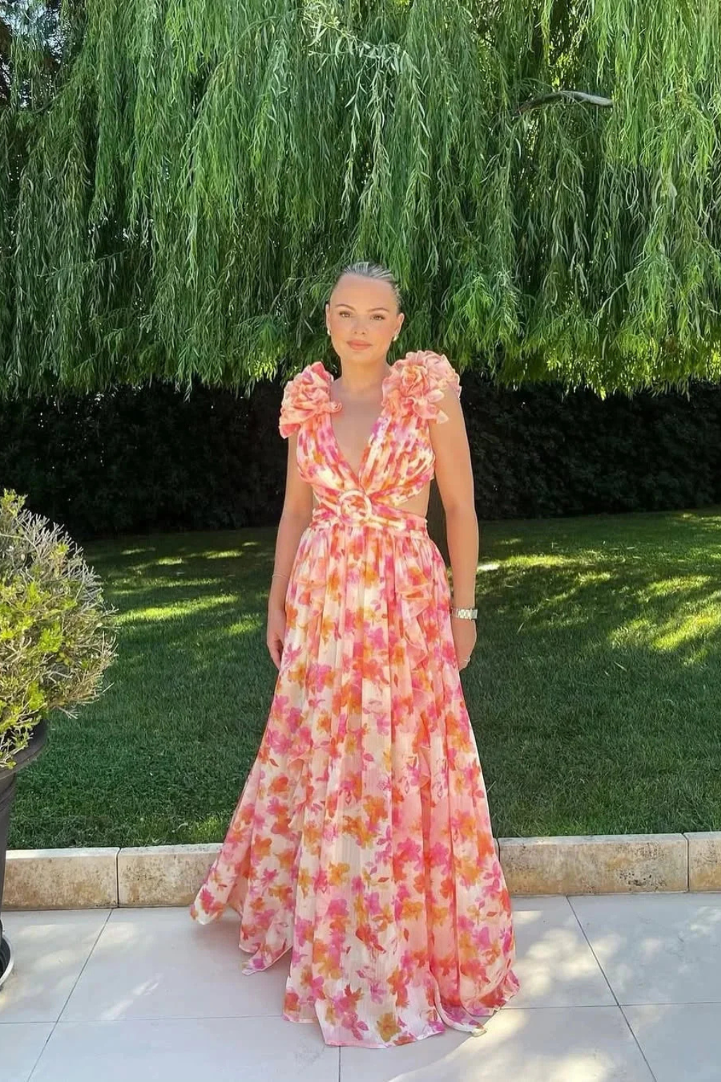 Women's V Neck Floral Ruffle Wedding Guest Maxi Dress