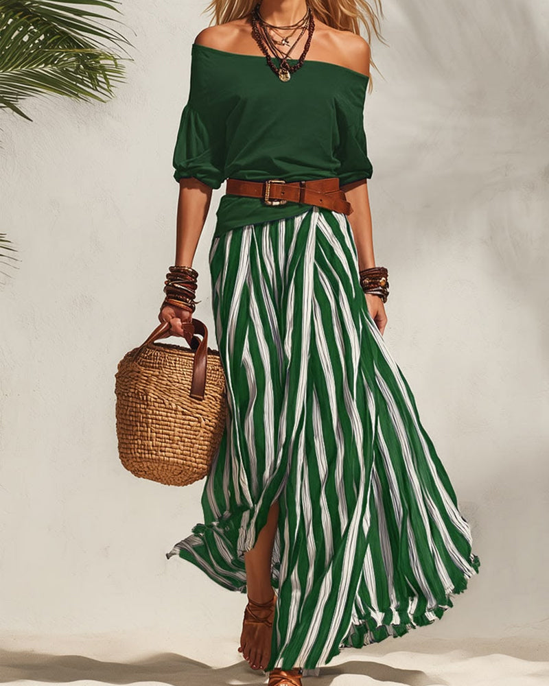 Women's Striped Maxi Skirt Set with Off-Shoulder Top for Effortless Style