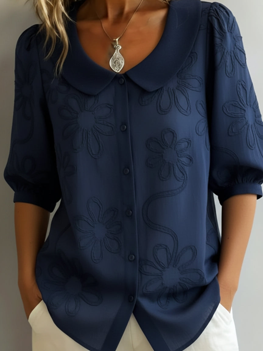 Women's Embroidered Floral Peter Pan Collar Puff Sleeve Blouse