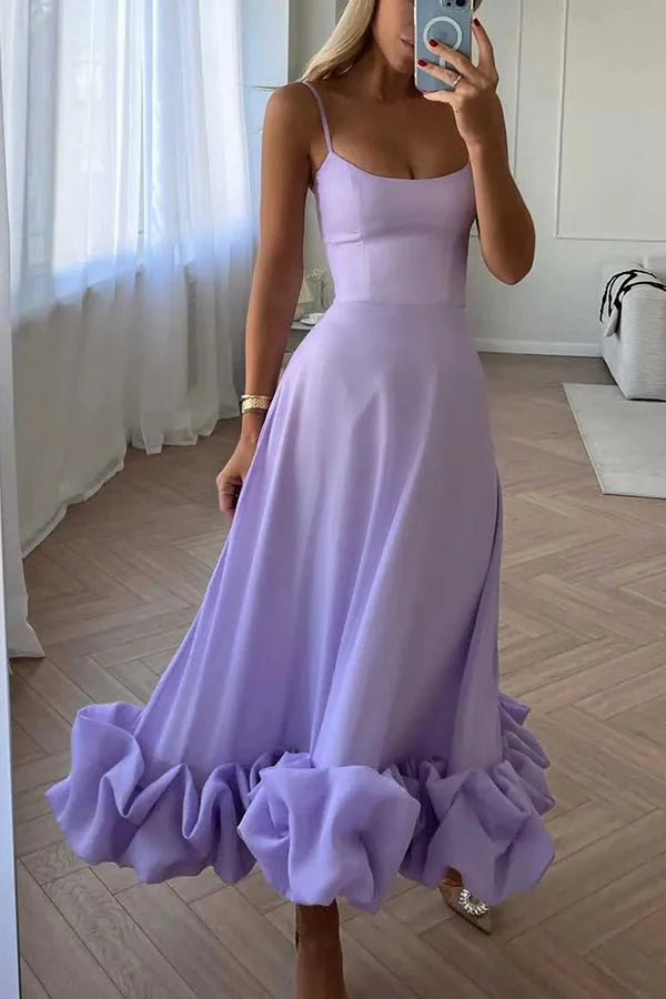Women’s Flounce Hem Bustier Midi Dress with Tulle Ruffle Skirt