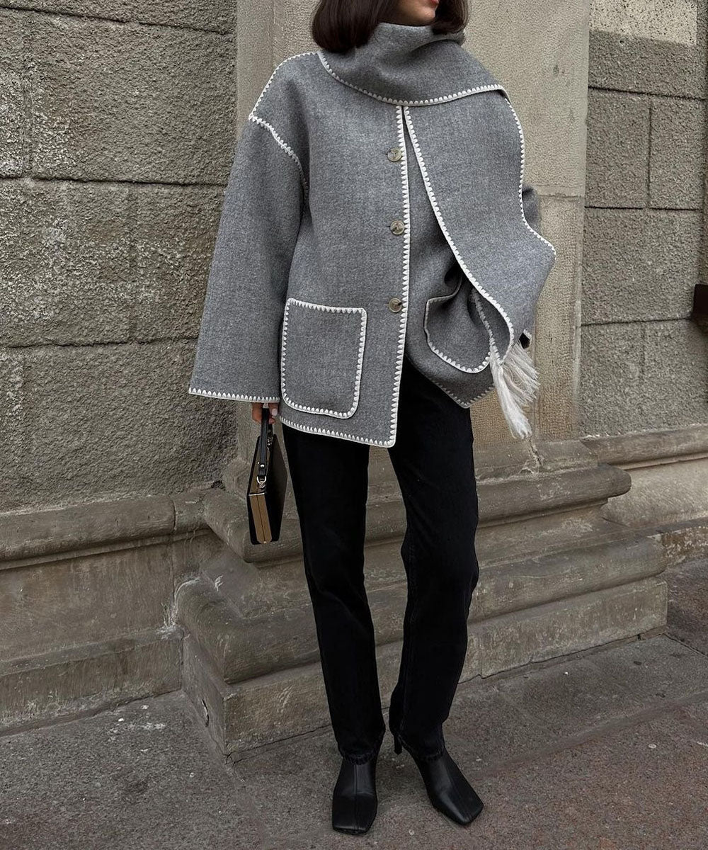 Women's Cape Coat with Contrast Trim and Fringe Detail