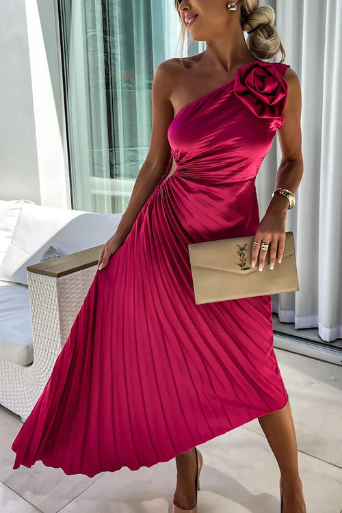 Women’s Midi Dress with One-Shoulder Neckline and 3D Rosette Detail