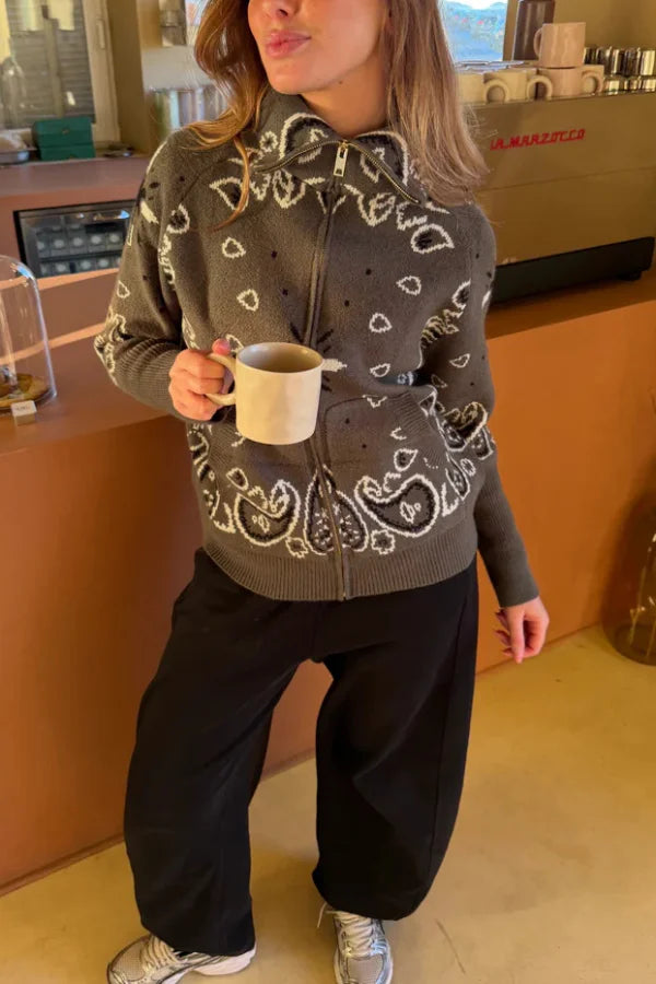 Women's Knit Zip-Up Sweater with Jacquard Paisley Print and High Turtleneck