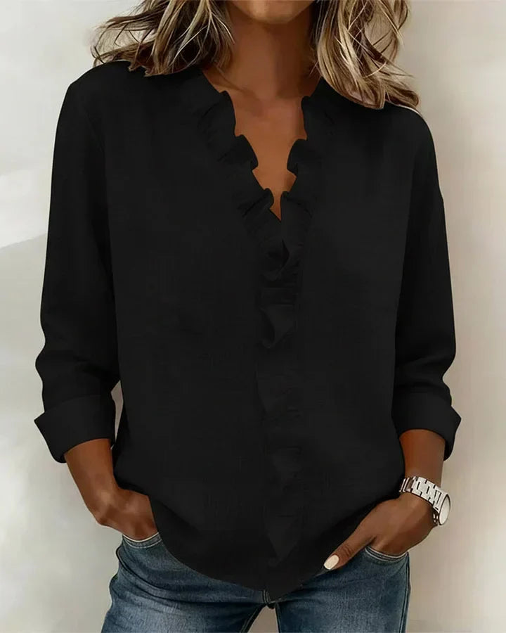 Women's Linen Ruffle-Trim Button-Front Blouse With Roll-Up Sleeves