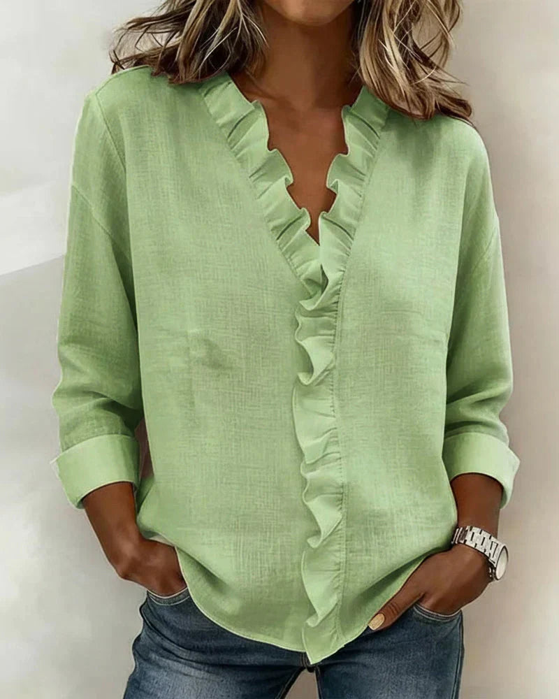 Women's Linen Ruffle-Trim Button-Front Blouse With Roll-Up Sleeves