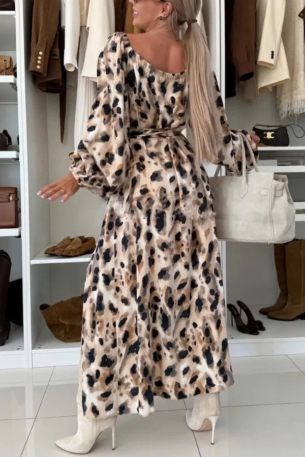 Women's Long Sleeve V-Neck Maxi Dress with Waist Tie and Side Slit Detail