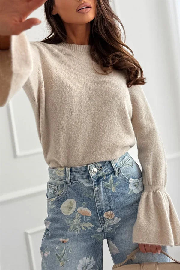 Women’s Crew Neck Sweater with Bell Sleeves and Relaxed Fit Soft Knit Texture