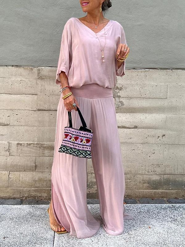 Women’s Two Piece Wide Leg Pant Set with V Neck Chiffon Tunic Top