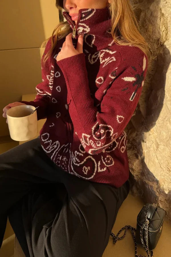 Women's Knit Zip-Up Sweater with Jacquard Paisley Print and High Turtleneck