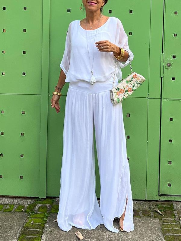 Women’s Two Piece Wide Leg Pant Set with V Neck Chiffon Tunic Top
