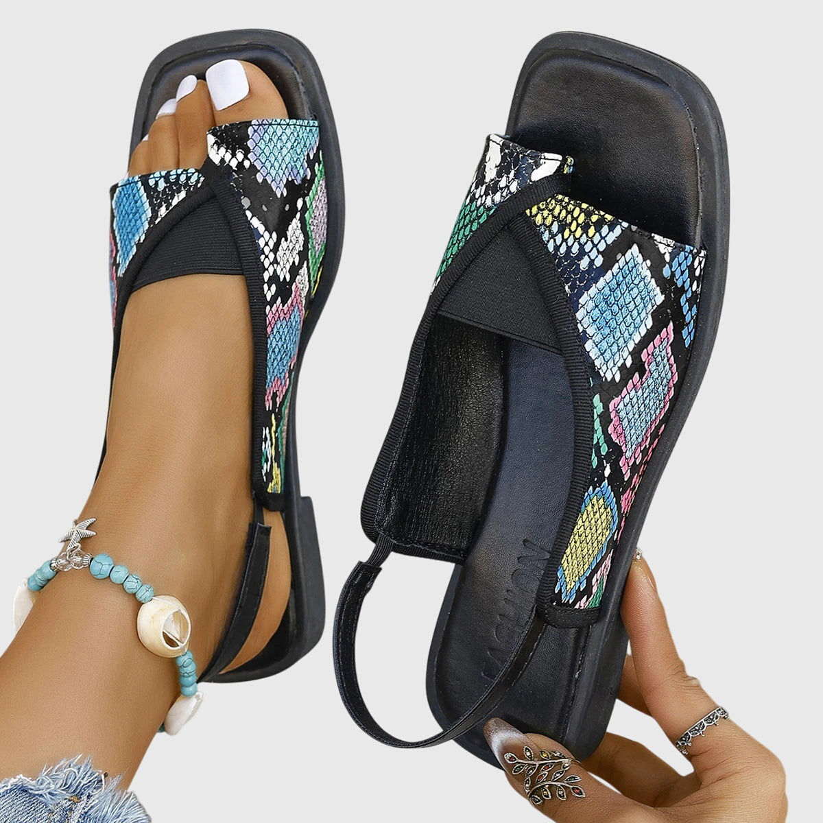 Women’s Slingback Flat Sandals with Square Toe and Contrast Cross Straps