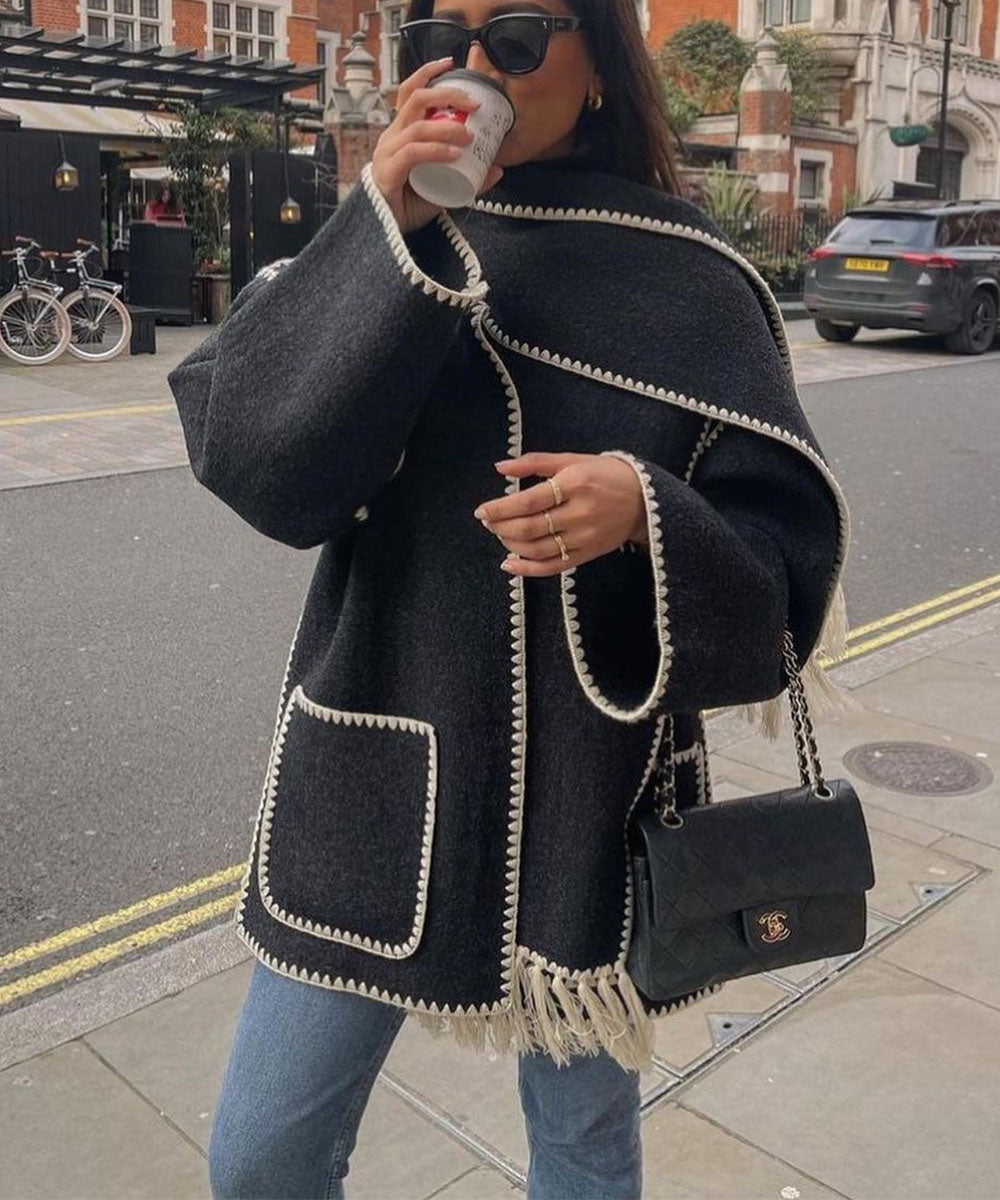 Women's Cape Coat with Contrast Trim and Fringe Detail