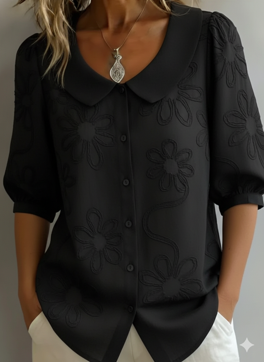 Women's Embroidered Floral Peter Pan Collar Puff Sleeve Blouse