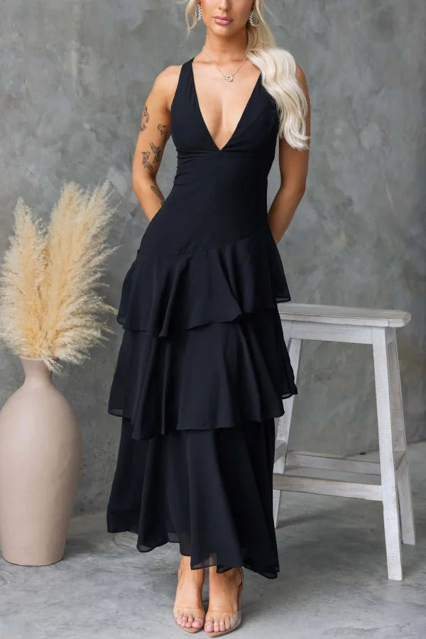 Women’s Sleeveless Maxi Dress with Tiered Skirt and Deep V-Neckline