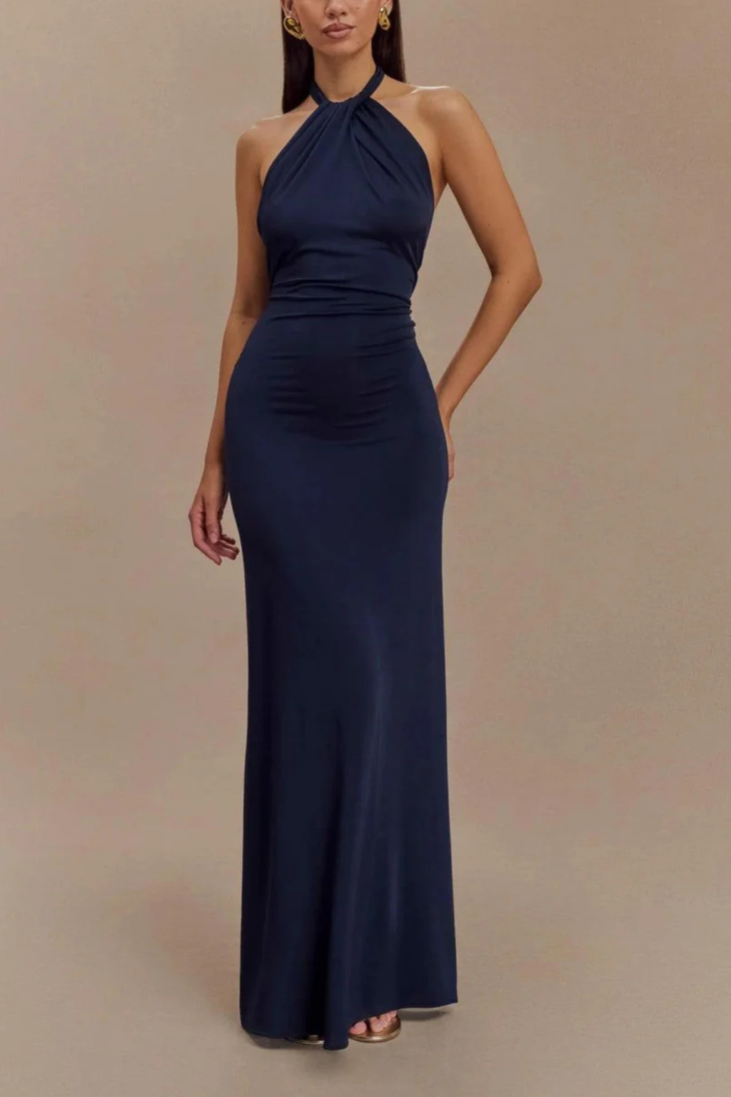 Women’s Maxi Dress with Twisted Knot Halter Neckline and Ruched Waist