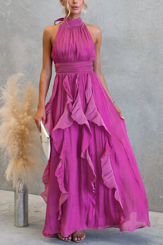 Women’s Maxi Dress with Halter Neck and Cascading Vertical Ruffles