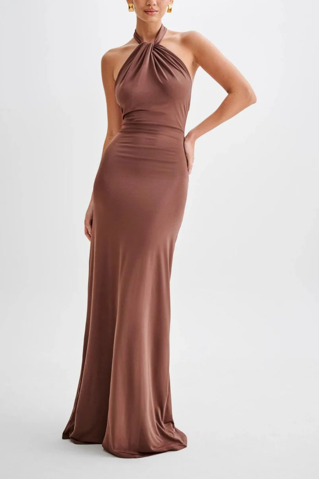 Women’s Maxi Dress with Twisted Knot Halter Neckline and Ruched Waist