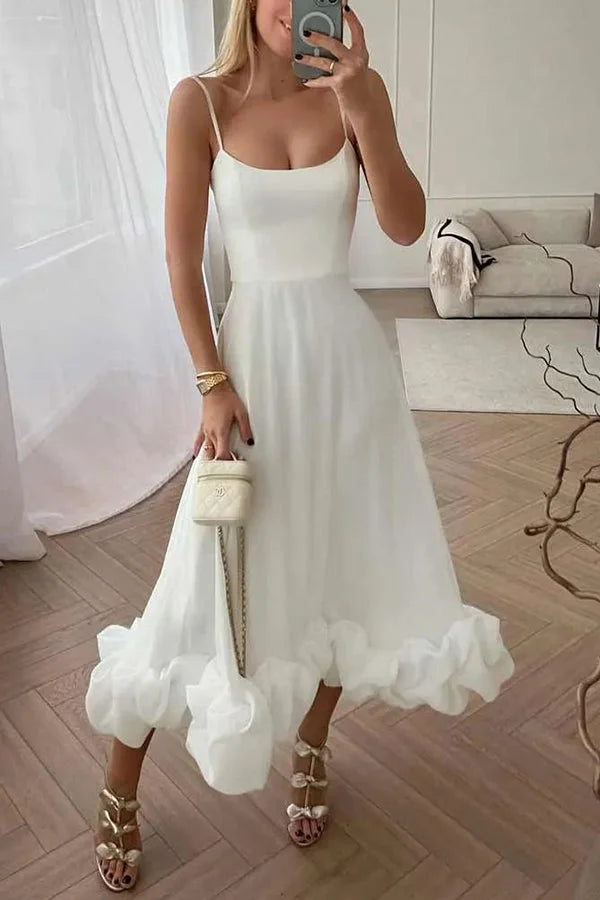 Women’s Flounce Hem Bustier Midi Dress with Tulle Ruffle Skirt